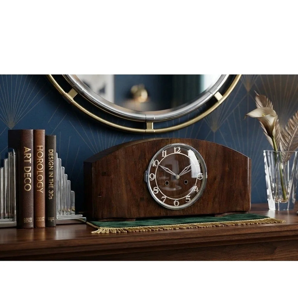 Vintage 1950s Tambour Mantel Clock German 8 Day Movement 130 Stamp Wood Case